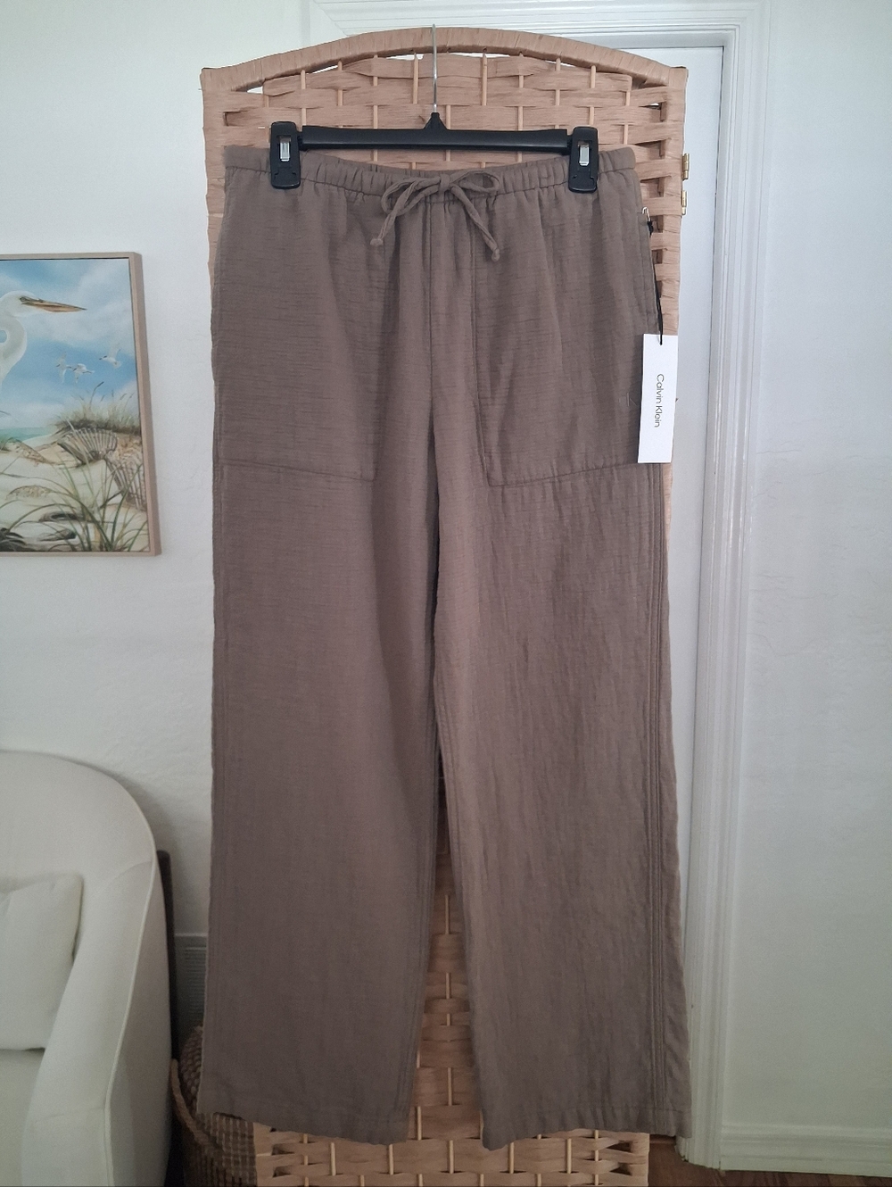 Calvin Klein Cotton Gauze Brown Straight Leg Drawstring Pants Small